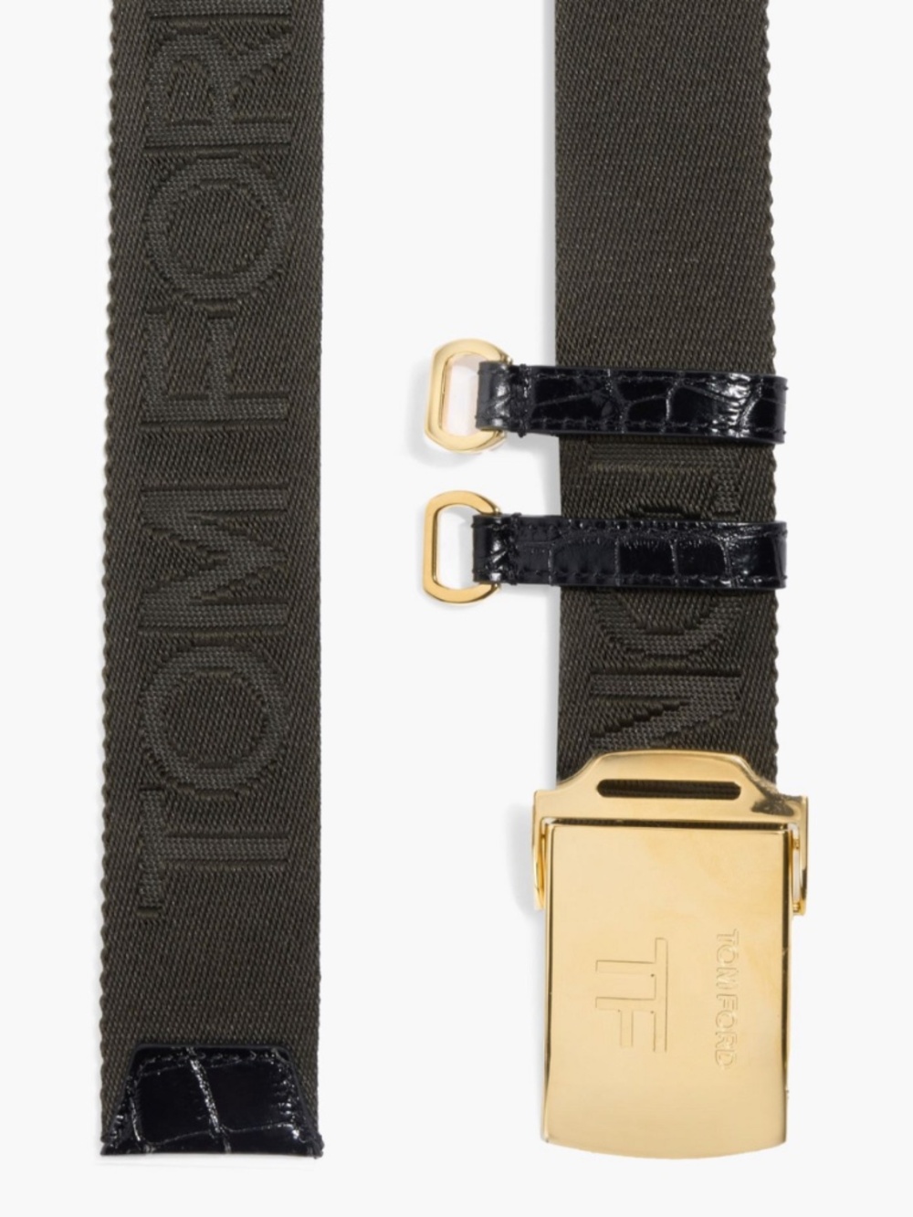 Tom Ford TF Logo Jacquard Military Green Web Fabric Leather Gold Buckle Belt